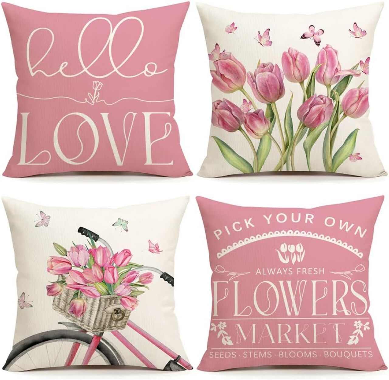 Spring Decorations Pink Tulip Spring Pillow Covers 18x18 Set of 4 Butterfly Flowers Bicycle Throw Pillow Case Hello Love Flowers Market Farmhouse Cushion Cover for Home Sofa Couch